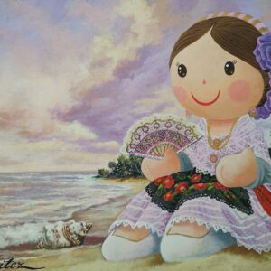 “Muñeca con traje típico jarichita en la Costa Esmeralda de Veracruz al amanecer, con colores morados y amarillos y espuma blanca que evoca su vestido.”