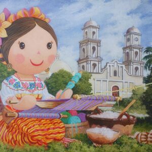 “Bordados de Coatepec Ternura: pintura en óleo sobre masonite de Roberto Benítez, 30 × 40 cm, homenaje a la tradición textil de Coatepec y la ternura de sus bordados artesanales.