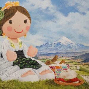 “‘Citlaltépec de Alma Ternura’ de Roberto Benítez: óleo sobre masonite, 30 × 40 cm, muñeca jarichita entre olas y espuma blanca frente al volcán Citlaltépetl.”