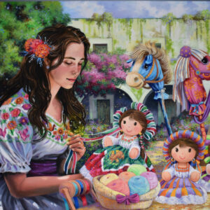 Obra "Tejedora de alegría" de Roberto Benítez. Pintura que representa a una mujer tejiendo entre colores vivos, símbolo de esperanza y tradición mexicana.