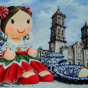 Ternura: mi amor a Puebla Óleo sobre masonite MDF | 30 x 40 cm Obra original, enmarcada y certificada. Pieza única que retrata a una muñequita ternura vestida de China Poblana, con fondo de la Catedral de Puebla. Tradición, color y orgullo en una sola imagen.