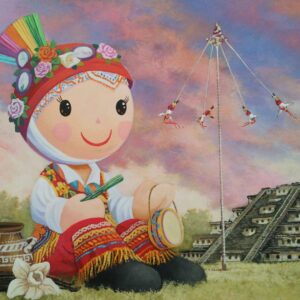 “Pintura ‘Volador de Papantla y Tajín’ de Roberto Benítez, óleo sobre masonite, 30 × 40 cm, voladores de Papantla sobre los templos de El Tajín en Veracruz, transmitiendo tradición y cultura veracruzana.”