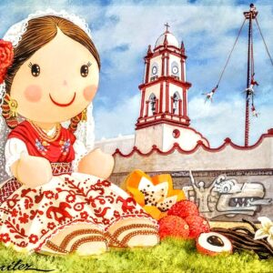 Mi Niña Interior, obra al óleo de Roberto Benítez de la serie Ternura Veracruzana en Papantla, con vestido tradicional que representa el árbol de la vida y la cultura veracruzana.